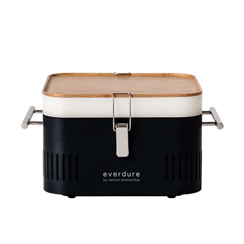 Everdure CUBE Portable Charcoal Grill, Tabletop BBQ, Perfect Tailgate, Beach, Patio, or Camping Grill, Lightweight & Compact Small Grill with Preparation Board & Food Storage Tray, Matte Black