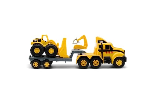 CatToysOfficial, CAT Construction Heavy Mover, Semi Truck and Trailer with Mini Crew Wheel Loader, Lights and Sounds, Ages 3 and Up,Yellow