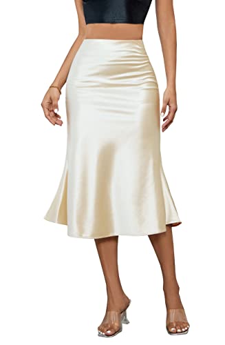 ALCEA ROSEA Womens High Waist Fishtail Midi Skirt Silk Satin Work Party Pencil Elasticized Skirt (Champagne, Medium)