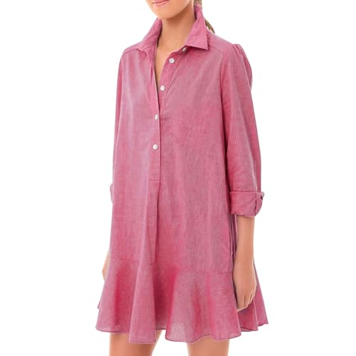 Yubnlvae Ofertas Del Dia Women's Tunic Shirt Mini Linen Dress Long Sleeve Short Button down Dress Flowy Ruffle Hem Shift Dresses with Pockets Outlet Deals Overstock Clearance