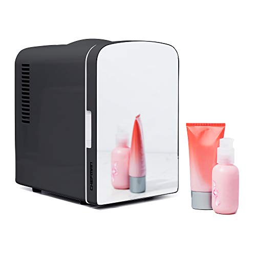 Chefman Portable Personal Fridge 4 Liter Mini Refrigerator Skin Care, Makeup Storage, Beauty, Serums And Face Masks, Small For Desktop Or Travel, Cool & Heat, Cosmetic Application, Mirror Door - Black