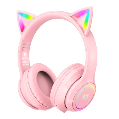 SIMGAL Bluetooth Cat Ear Headphones for Kids, Wireless & Wired Mode Foldable Headset with Mic, RGB LED Light, for Girls School Gaming, Compatible with Mobile Phones PC Tablet
