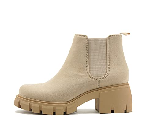 Soda PIONEER ~ Women Lug Sole Mid Heel Chelsea Fashion Ankle Bootie w/Double Elastic Gore (LT-Wheat, numeric_6_point_5)