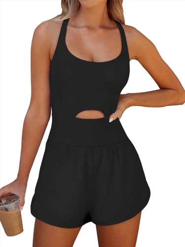 Caracilia Womens Workout Romper Running Short Athletic One Piece Jumpsuits Casual Summer Sets Outfits Exercise Gym Clothes Black L
