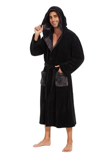 TITIZLK Mens Fleece Hooded Robes Mens Bathrobe With Hood Mens Soft Warm Fleece Plush Robe with Hood（XL，Black）