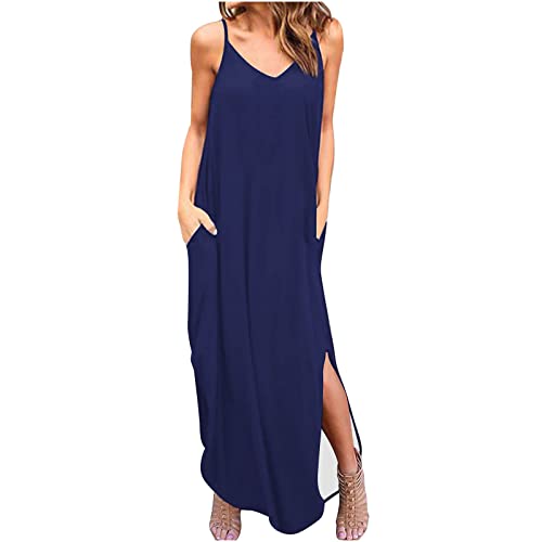 ZunFeo Womens Summer Beach Dress Spaghetti Strap V Neck Long Maxi Dress Casual Loose Split Elegant Boho Dress Loose Fit