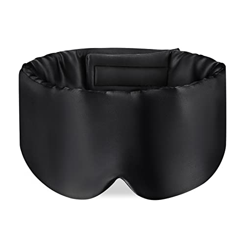 Zenssia 100% Mulberry Silk Sleep Mask Eye Mask for Man and Woman with Adjustable Headband, Full Size Large Sleep Mask & Blindfold for Total Blackout for All Night Sleep, Travel & Nap- Black