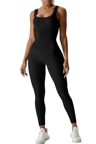 QINSEN Woman's Sleeveless Zip Up Tummy Control Long Leggings Jumpsuit Rompers Onesie Black M