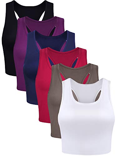 6 Pieces Basic Sleeveless Racerback Sports Crop Tank Tops for Women Girls Daily Wearing (Black, White, Wine Red, Navy, Purple, Coffee, M)