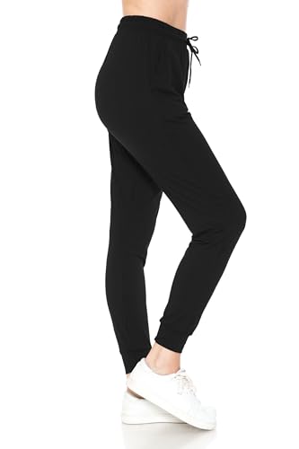Leggings Depot Womens Relaxed fit Jogger Pants - Track Cuff Sweatpants with Pockets, Black, Large