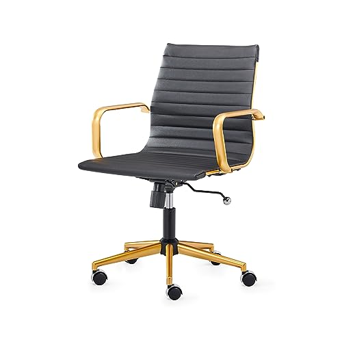 LUXMOD Swivel Chair Gold Office Chair in Black Leather, Mid Back Office Chair with Armrest, Black and Gold Ergonomic Desk Chair for Back Support,Modern Executive Chair…