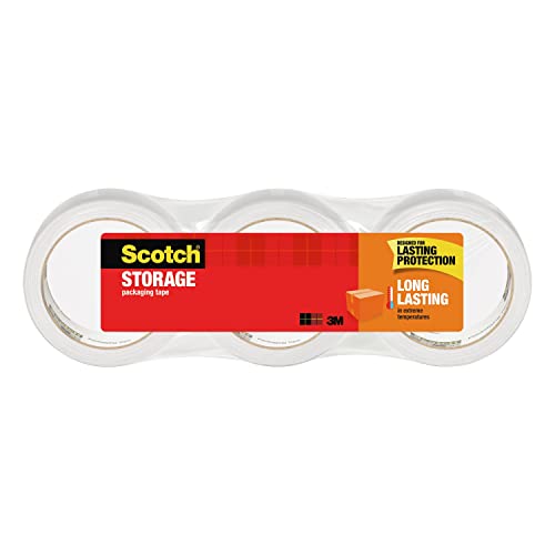 Scotch Long Lasting Storage Packaging Tape, 1.88' x 38.2 yd, Designed for Storage and Packing, Stays Sealed in Weather Extremes, 3' Core, Clear, 3 Rolls (3650S-3)
