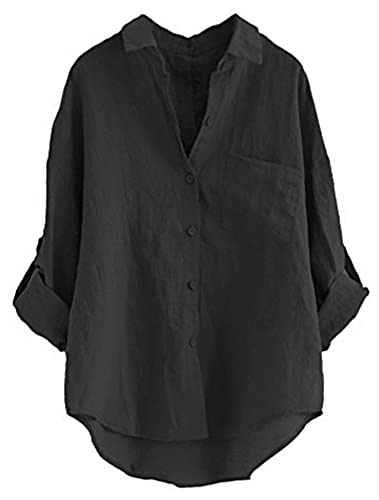 Minibee Women's Linen Blouse High Low Shirt Roll-Up Sleeve Tops Black M