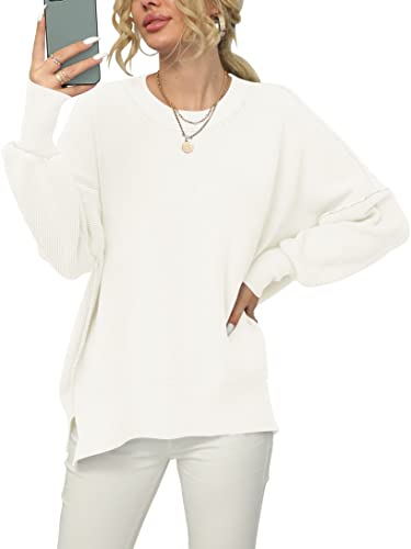 ANRABESS Women's Casual Long Sleeve Oversized Crew Neck Solid Color Side Slit Loose Warm Knit Pullover 2023 Fall Sweater Tops White A305baise-S