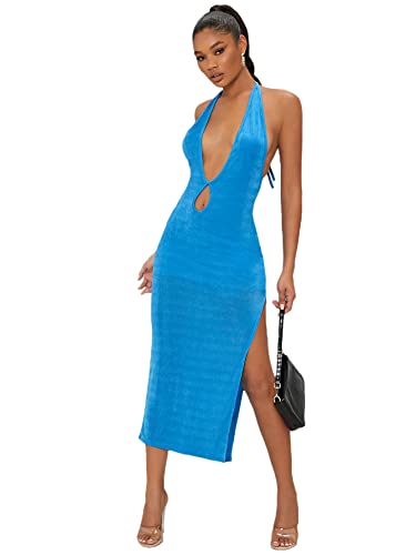Floerns Women's Halter Neck Sleeveless Split Thigh Party Bodycon Long Dress Blue M