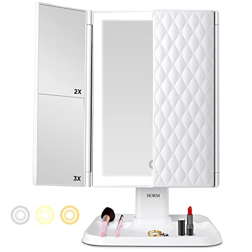 HORM Makeup Mirror Vanity with Lights - 3 Color Lighting Modes 72 LED Trifold Mirror, 1x/2x/3x Magnification, Touch Control Design, Portable High Definition Cosmetic Lighted Up White (JING-007)
