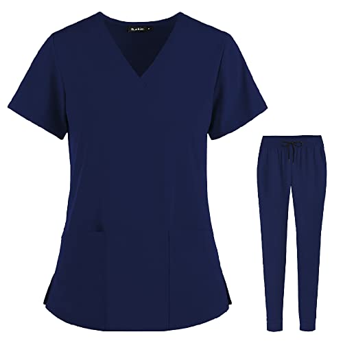 Scrubs Set for Women Joggers V-Neck Pocket Top Uniforms Athletic Stretch Set Workwear Drawstring Threaded Pant Legs