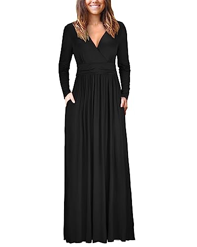 OUGES Womens Long Sleeve Black Dress V-Neck Wrap Waist Fall Formal Maxi Dress Winter Dresses for Women 2024(Black,XL)