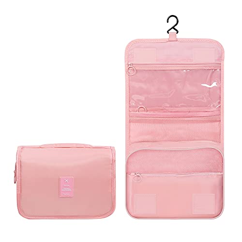 Luxtude Hanging Toiletry Bag for Women with Hanging Hook, Water-resistant Traveling Toiletries Bag, Portable Toiletry Travel Organizer Bag for Toiletries, Shower, Bathroom, Cosmetics Accessories-Pink