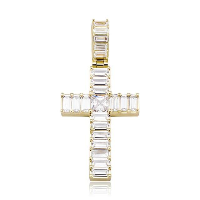 DEVE LUCKY Cross Pendant With Baguette Stone Micro Pave Prong Setting Iced Cubic Zirconia Fashion Jewelry Men Women - Chain - Gold -T28