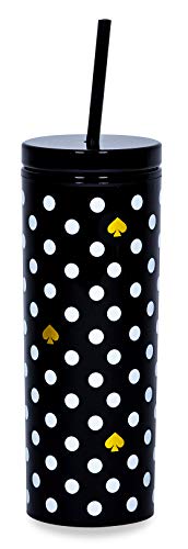 Kate Spade New York Insulated Tumbler with Reusable Straw, Black 24 Ounce Acrylic Travel Cup with Lid, Polka Dots