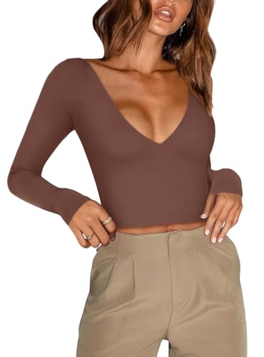 REORIA Womens Sexy Casual Plunge Deep V Neck Long Sleeve V Backless Double Lined T Shirts Fall Trendy Going Out Fitted Crop Tops Tees Coffee Large