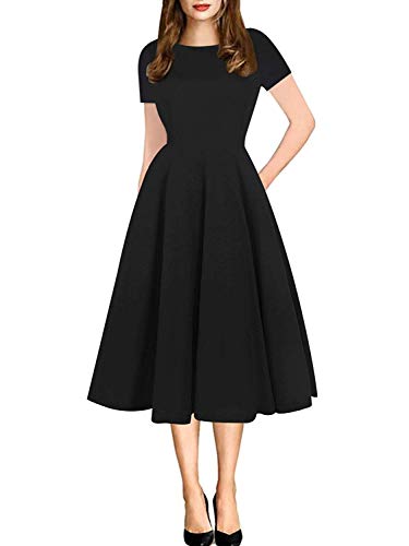 oxiuly Women's Vintage Round Neck Floral Casual Pockets Tunic Party Cocktail Cotton Blend A-Line Summer Dress OX262 (XXL, Black Solid)