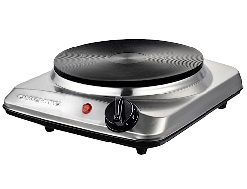OVENTE Electric Countertop Single Burner, 1000W Cooktop with 7.25 Inch Cast Iron Hot Plate, 5 Level Temperature Control, Compact Cooking Stove and Easy to Clean Stainless Steel Base, Silver BGS101S