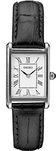 SEIKO SWR053 Watch for Women - Essentials Collection - Water Resistant with Classic Stainless Steel Rectangular Case, White Dial with Roman Numerals, and Black Leather Strap