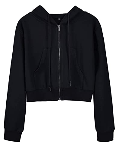 Hooever Womens Cute Workout Cropped Zip Up Drawstring Hoodie Sweatshirt Jacket Black