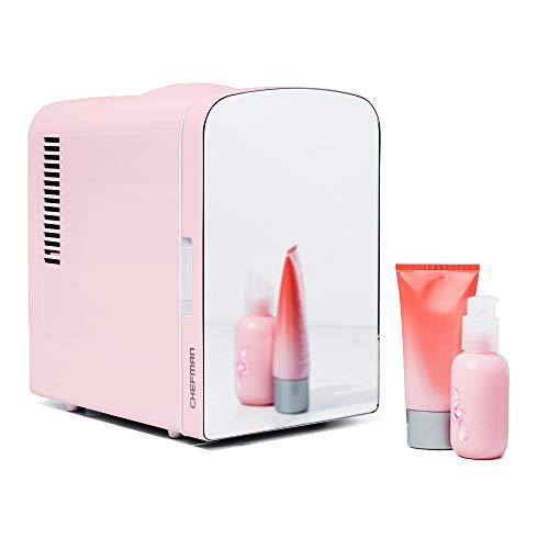 Chefman Portable Mirrored Personal Fridge 4 Liter Mini Refrigerator, Skin Care, Makeup Storage, Beauty, Serums And Face Masks, Small For Desktop Or Travel, Cool & Heat, Cosmetic Application, Pink