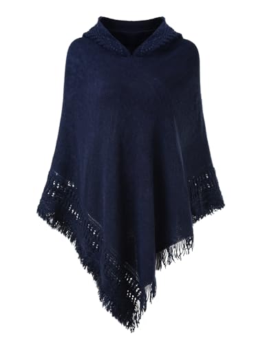 Ferand Ladies' Hooded Cape with Fringed Hem, Crochet Poncho Knitting Patterns for Women, Navy blue
