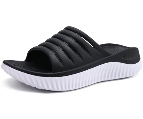 GPOS Womens Recovery Slides Lightweight Athletic Ladies Slip on Sandals with Comfortable Thick Cushion for Post Exercise & Run, Plantar Fasciitis Black White Size 9