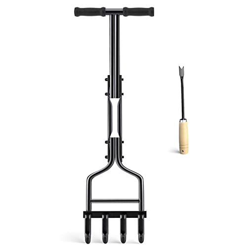 EEIEER Lawn Aerator Coring Tool, Manual Plug Core Aerators with Clean Tool, Upgarded Yard Aeration Tools with 4 Hollow Slots for Compacted Soils & Lawns Garden Care-37.6''
