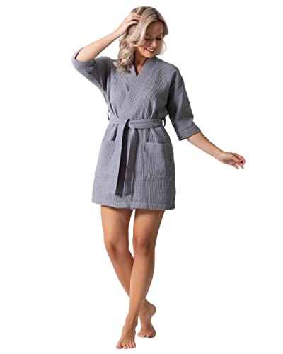 Turkish Linen Lightweight Waffle Knit Bath, Spa & Bridesmaids Kimono Short Robes for Women - Quick Dry Soft, Light Gray, Small-Medium