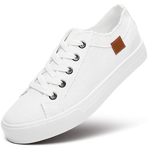 Women's Sneakers Canvas Shoes for Women Lace up Fashion Canvas Sneakers Classic Low Top Casual Shoes（White.US10）