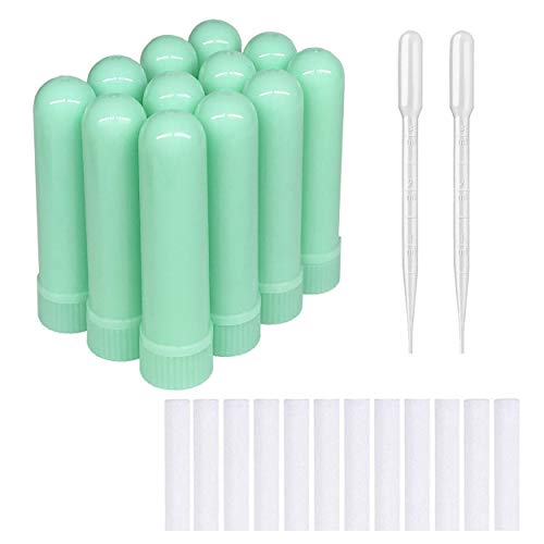 zison 12 Sets(Light Green) Essential Oil Aromatherapy Tubes Inhaler Sticks Blank Nasal Inhalers(12 Complete Sticks) + 2 Polyethylene Pipette Droppers