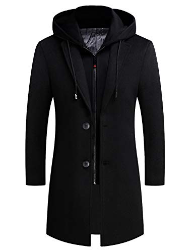 iCKER Mens Trench Coat Winter Wool Blend jacket Overcoat long Top Coat Warm Pea Coat-1908-Black 1-L