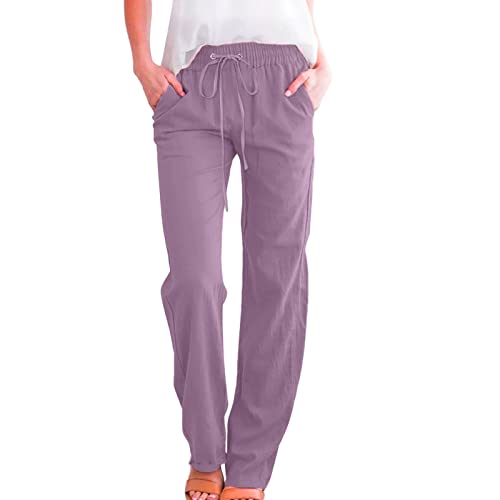 Womens Linen Pants,Deals Of The Day Lightning Deals Today Prime,Womens Casual Cotton Linen Pants Lightweight Summer Relax Fit Elastic Waist Straight Leg Plus Size Solid Lounge Long Trousers 1-Purple L