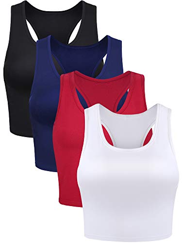 Boao 4 Pieces Basic Crop Tank Tops Sleeveless Racerback Crop Top for Women(Black, White, Wine Red, Navy Blue,Medium)