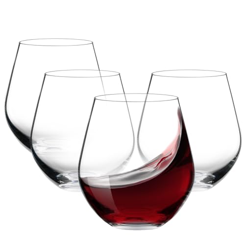 BENETI Premium Stemless Wine Glass | 18oz European Made Stemless Wine Glasses set 4 | Crystal Glass Cups For Red & White Wine, Durable Drinking Glasses