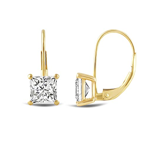 14K Solid Yellow Gold Earrings | Princess Cut Cubic Zirconia | Leverback Drop Dangle Basket Setting | 2.0 CTW | With Gift Box