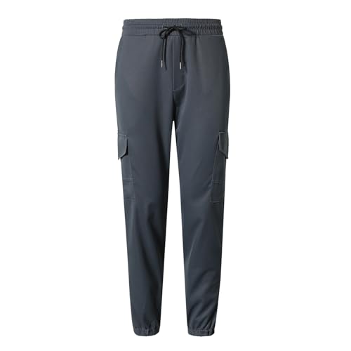 Men's Pants 2024 Fashion Mens Casual Waist Color Sports Hat Multi Woven Pocket Foot Rope Solid Pants Street (Grey, S) Ski Pants Men A F