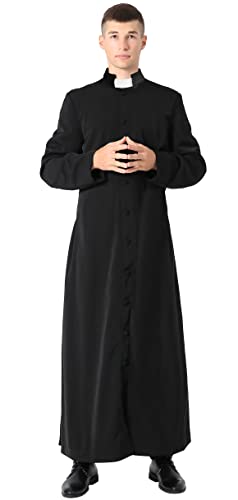 IvyRobes Unisex Adults Roman Pulpit(Clergy) Cassock with Tab Insert Collar Black 54FF(5'9'-5'11')