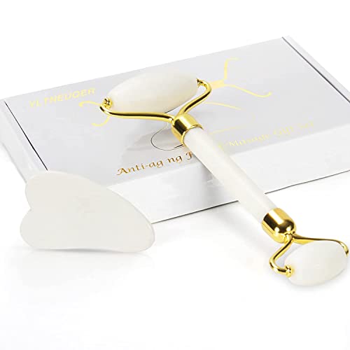 YLTNEUQER Jade Roller Gua Sha Set - Facial Skin Care Set, Reduce Puffiness and Improve Wrinkles, Natural Beauty Skin Care Tools, Face Roller Massager for Face, Neck, and Eye Treatment (White)