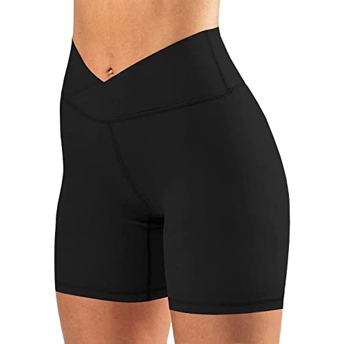 keriffe Womens Crossover Biker Shorts 5' High Waisted Yoga Workout Athletic Running Spandex Shorts Black