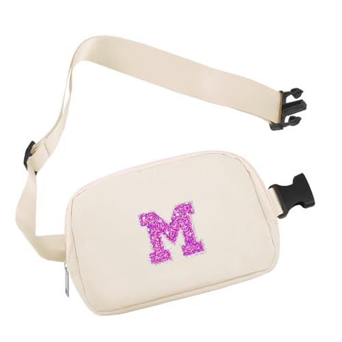 COSHAYSOO Small Waist Fanny Pack Belt Bag with Initial Letter Patch Adjustable Strap for Women Teen Girl Running Traveling Workouts, Mini Crossbody Travel Purse Trendy Preppy Gifts Pouch Ivory (M)