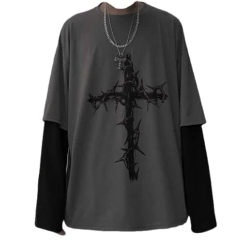 Goth Shirt Gothic Shirt Fake Two-Piece Alternative Clothing Goth Long Sleeve Top Grunge Clothes (Gray,M,Medium)