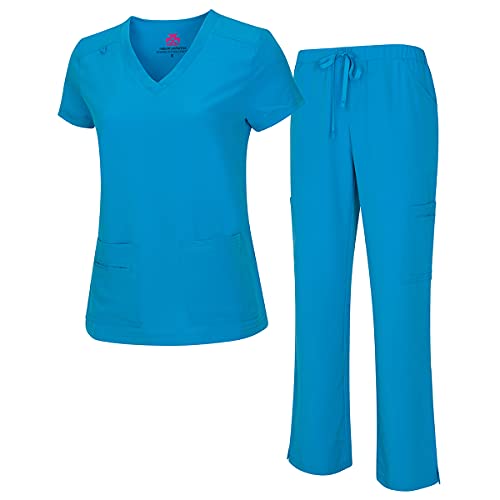 Natural Uniforms Women's Cool Stretch V-Neck Top and Cargo Pant Set (Water Blue, Large)