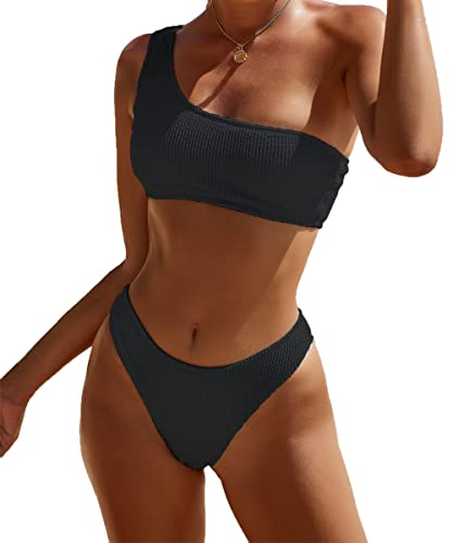 YIMISAN Womens Bikini Sets One Shoulder Top with Low Waisted Tankini Two Piece Bathing Suit Black